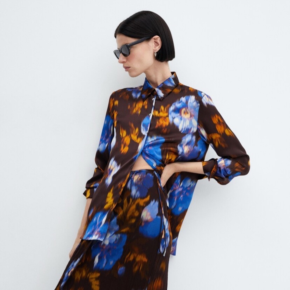 MNG Satin Print Shirt Longsleeve Size 4 Shirt Collar Lightweight Office Business